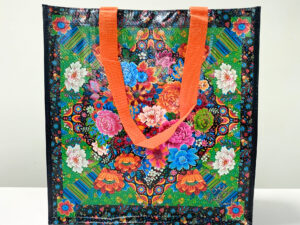 PP Woven reusable black shopping bag with colorful flower pattern - K002