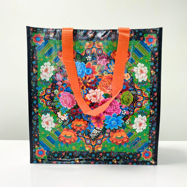 PP Woven reusable black shopping bag with colorful flower pattern - K002