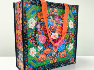 PP Woven reusable black shopping bag with colorful flower pattern - K002
