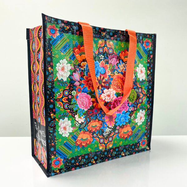 PP Woven reusable black shopping bag with colorful flower pattern - K002