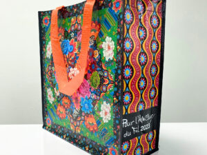 PP Woven reusable black shopping bag with colorful flower pattern - K002