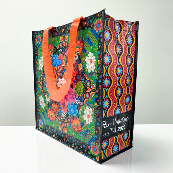 PP Woven reusable black shopping bag with colorful flower pattern - K002