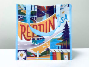 RPET reusable light blue shopping bag with scenic print - K003