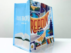 RPET reusable light blue shopping bag with scenic print - K003