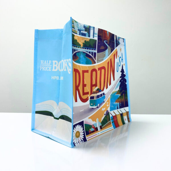RPET reusable light blue shopping bag with scenic print - K003