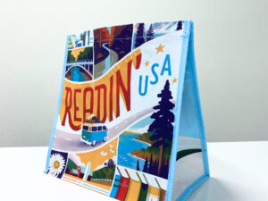RPET reusable light blue shopping bag with scenic print - K003