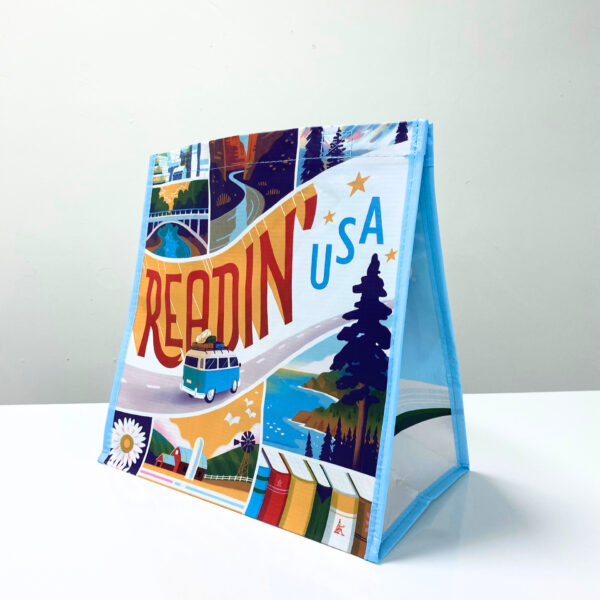 RPET reusable light blue shopping bag with scenic print - K003